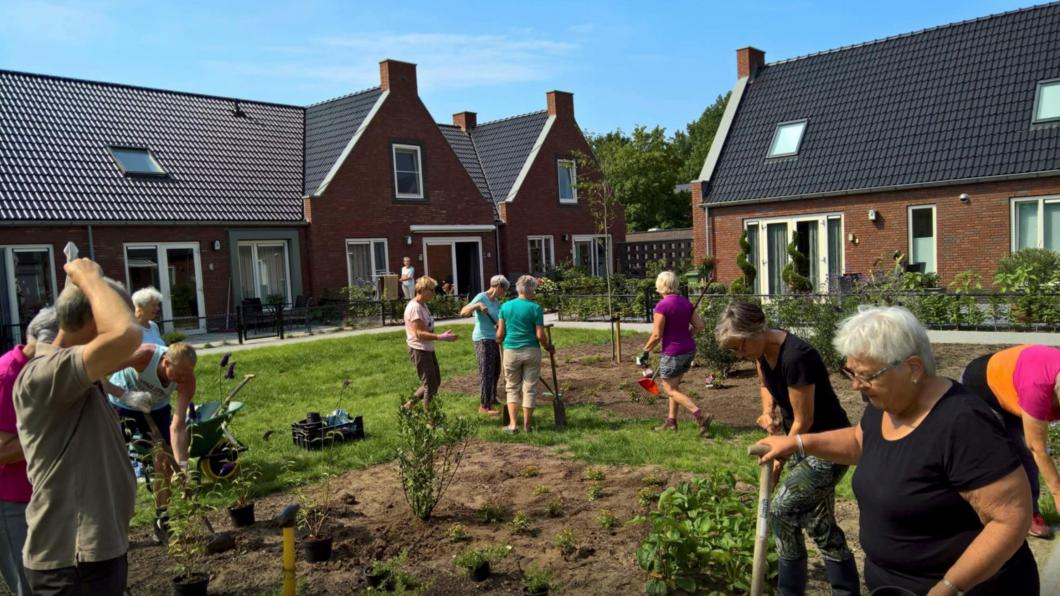 Een foto van een "Knarrenhof" in Zwolle. De bewoners zijn druk bezig in de gemeenschappelijke tuin.