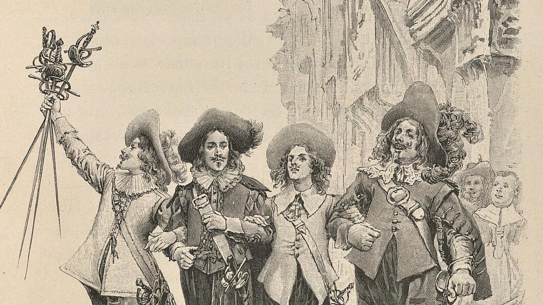 d'Artagnan en de drie musketiers, in een geïllustreerde uitvoering van Maurice Leloir.