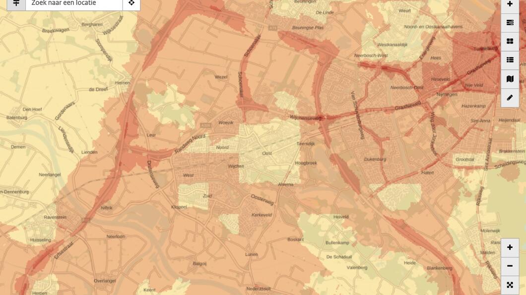 Een kaart met de fijnstofuitstoot in de gemeente Wijchen.