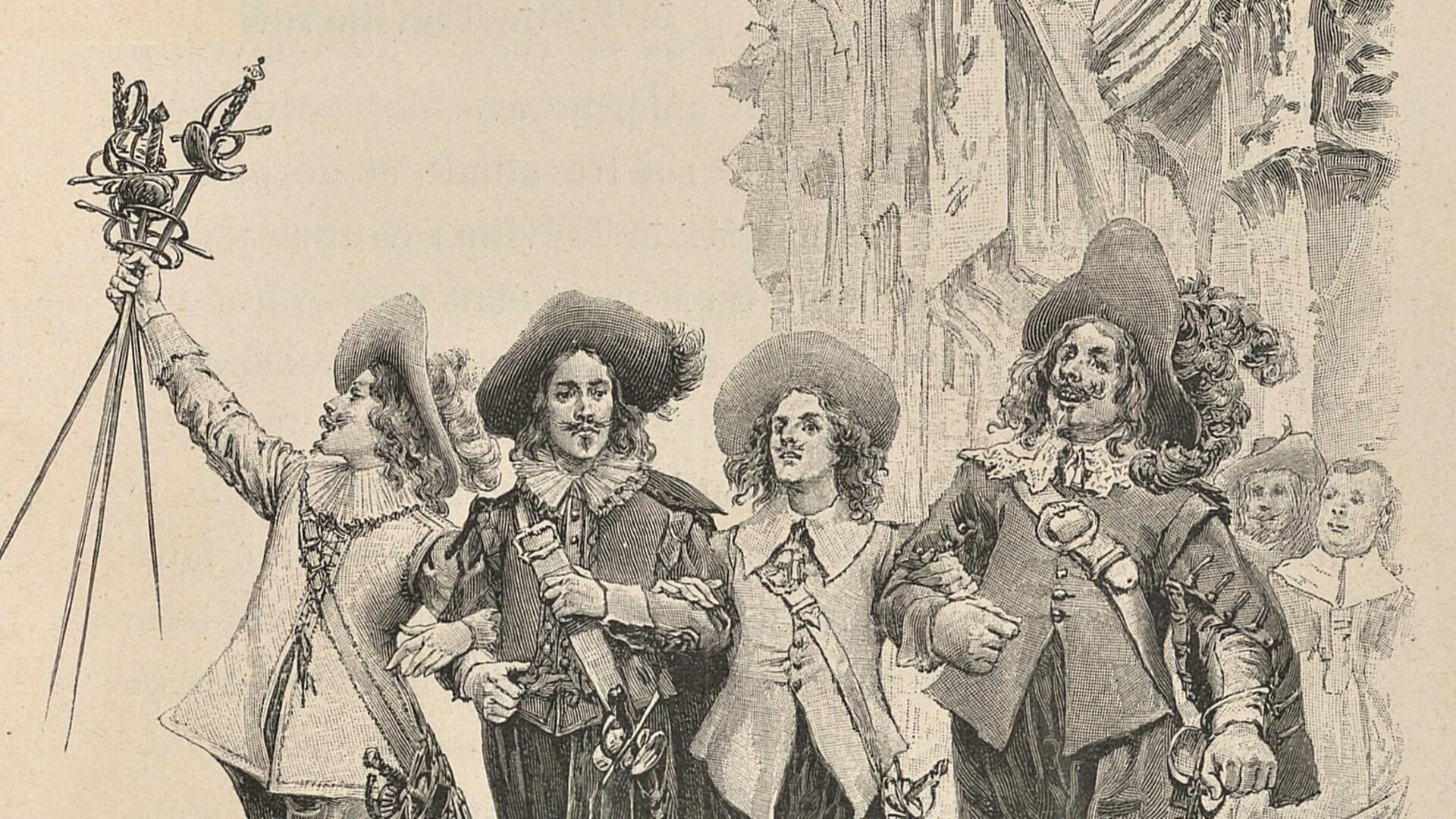 d'Artagnan en de drie musketiers, in een geïllustreerde uitvoering van Maurice Leloir.
