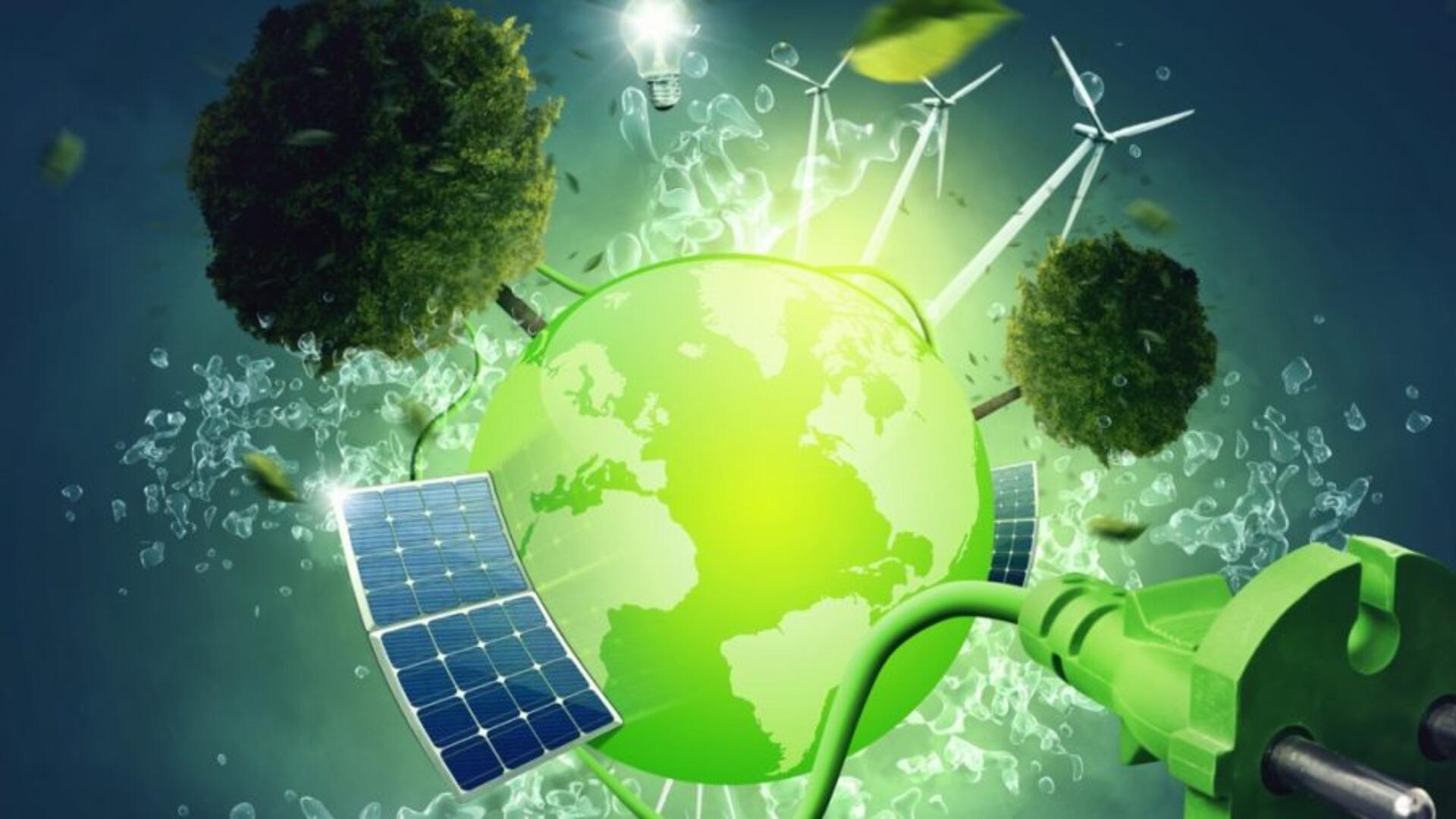 Een groene wereldbol wordt omgeven door bomen, zonnepanelen, een stekker en windmolens.