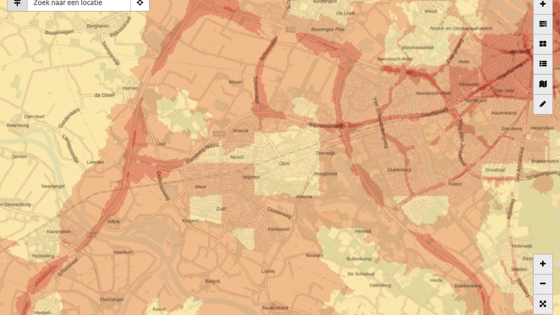 Een kaart met de fijnstofuitstoot in de gemeente Wijchen.