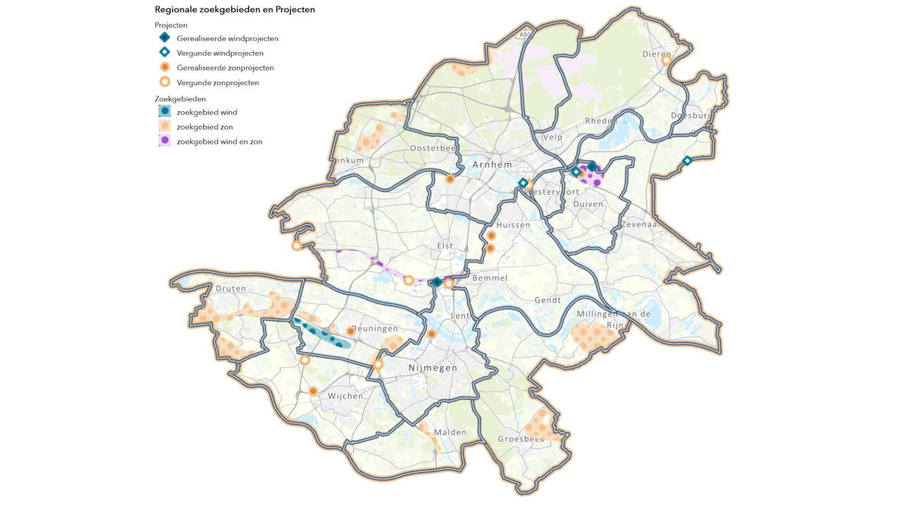 Een kaart van de Regionale Energie Strategie-regio Arnhem Nijmegen